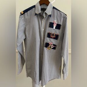 Marquis VintageStriped Navy&White Shirt/Embroidered Details Sz: 15 1/2 ,33-34
